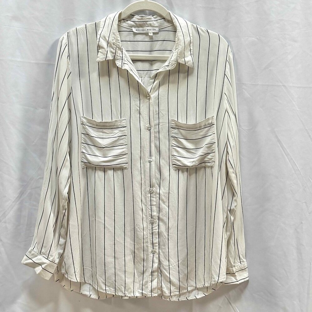 Melissa Nepton Black & White Striped Long Sleeve Blouse Sz LG Chic